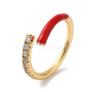 Rack Plating Brass Cubic Zirconia Open Cuff Rings for Women, with Enamel, Cadmium Free & Lead Free, Red, Inner Diameter: 17mm(RJEW-S407-04H)