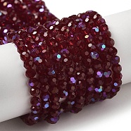 Electroplate Transparent Glass Beads Strands, Faceted, Round, Rainbow Plated, Crimson, 4mm, Hole: 0.7mm, about 88~95pcs/strand, 12.99~14.06 inch(33~35.7cm)(EGLA-A035-T4mm-L02)