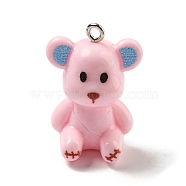 10Pcs Opaque Resin Pendants, Bear Charms with Platinum Plated Iron Loops, Pink, 27.5x19x16.5mm, Hole: 2mm(RESI-H160-01P-03)