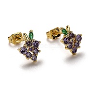 Brass Micro Pave Cubic Zirconia Stud Earrings, with Ear Nuts, Grape, Real 18K Gold Plated, Purple, 11x8x2mm, Pin: 0.8mm(EJEW-H123-01G)