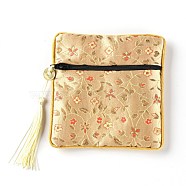 Chinese Brocade Tassel Zipper Jewelry Bag Gift Pouch, Square with Flower Pattern, Light Yellow, 12.3x12x1cm(ABAG-WH0032-02B)