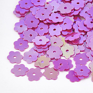 Ornament Accessories, PVC Plastic Paillette/Sequins Beads, Flower, Magenta, 6x7~7.5x0.4mm, Hole: 1mm, about 35000pcs/500g(PVC-S033-07B)
