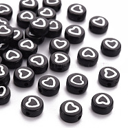 Opaque Black Acrylic Beads, Flat Round with White Heart, 7.5x4mm, Hole: 1.5mm, about 3600pcs/500g(MACR-Q242-001)