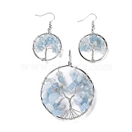 Brass Jewelry Sets, Big Pendants and Dangle Earrings, with Natural Aquamarine, Platinum, Ring with Tree of Life, 63~67x49~51x1.5~10mm, Hole: 4x5mm, 50~55x28~30x1.5~8mm, Pin: 0.8mm(SJEW-K072-20X)