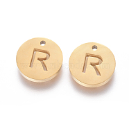 304 Stainless Steel Charms, Ion Plating (IP), Flat Round, Letter.R, 10x1.5mm, Hole: 1mm(STAS-F227-11R-G)