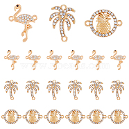 60Pcs 3 Styles Summer Theme Alloy Crystal Rhinestone Connector Charms, Coconut Tree & Flamingo & Ring with Pineapple, Mxied Shapes, Golden, 17~26.5x16~23x2~3mm, Hole: 1.6~1.8mm, 20pcs/style(ALRI-DC0001-02)