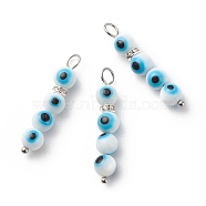 Handmade Evil Eye Lampwork  Pendants, with 304 Stainless Steel Ball Head Pins and Brass Rhinestone Spacer Beads, Round, White, 31.5x6mm, Hole: 3.5mm(PALLOY-JF01725-02)