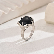 Heart-shaped Natural Obsidian Women's Ring, Brass Adjustable Rings, Platinum, Inner Diameter: 16~19mm(VA9361-1)