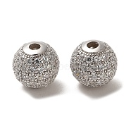 Rhodium Plated 925 Sterling Silver Micro Pave Cubic Zirconia Beads, Round, Real Platinum Plated, Clear, 10x9mm, Hole: 2.2mm(STER-H110-24C-01P)