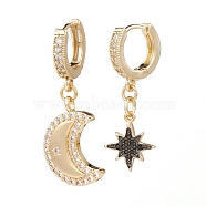 Brass Micro Pave Cubic Zirconia Huggie Hoop Earrings, Asymmetrical Earrings, Moon & Star, Golden, 32~35mm, Pin: 1mm(EJEW-JE04448)