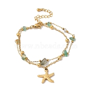 Summer Beach Nuggets Natural Agate(Dyed & Heated) Multi-Strand Bracelets, Starfish Ion Plating(IP) 304 Stainless Steel Charm Bracelets for Women, Golden, 6-5/8 inch(16.8cm)(BJEW-P326-07C-G)