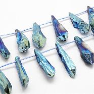 Electroplated Natural Quartz Crystal Beads Strands, Top Drilled Beads, Teardrop, Blue, 24~31x6~8x4~6mm, Hole: 1.5mm, about 25pcs/strand, 14.3 inch(G-G890-A-05)