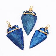 Electroplated Quartz Crystal Pendants, with Brass Finding, Golden, Arrowhead, Blue Plated, 48~53x20~26x6~9mm, Hole: 4mm(G-G906-25G)