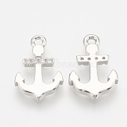 Brass Micro Pave Cubic Zirconia Charms, Anchor, Nickel Free, Real Platinum Plated, 14x9.5x1.5mm, Hole: 1mm(ZIRC-Q014-029P)