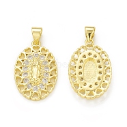 Rack Plating Eco-Friendly Brass Micro Pave Clear Cubic Zirconia Pendants, Cadmium Free & Lead Free, Long-Lasting Plated, Oval with Religion Virgin Mary & Heart Charm, Real 18K Gold Plated, 22x15x3mm, Hole: 4x3.5mm(KK-C011-02G)