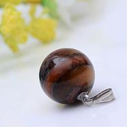 Natural Tiger Eye Pendants, with Platinum Iron Findings, Round, 17x14mm, Hole: 2.5x6mm(G-R355-08)