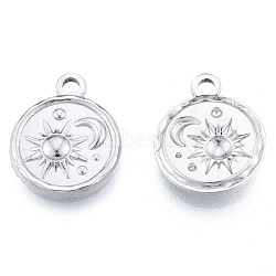 201 Stainless Steel Pendants, Flat Round with Sun & Moon, Stainless Steel Color, 19x15.5x2.5mm, Hole: 2mm(X-STAS-N098-182P)