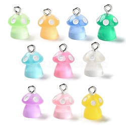Luminous Resin Cartoon Mushroom Charms with Platinum Tone Iron Loops, Glow in the Dark, Mixed Color, 10.5~11x15mm, Hole: 1.75mm(CRES-Z004-02)