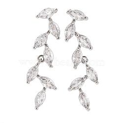 Leaf Brass Micro Pave Clear Cubic Zirconia Dangle Stud Earrings, Long-Lasting Plated, Lead Free & Cadmium Free, Platinum, 32.5x8.5mm(EJEW-F348-02P)