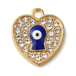 Alloy Enamel Rhinestone Glass Pendants, Golden, Evil Eye, Heart, 16.5x15x2.5mm, Hole: 2mm(ENAM-U003-02G-11)