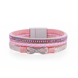 Bohemian Vacation Style Triple-layered Rhinestone Woven 8-shaped Leather Bracelet - Ethnic, Exaggerated, Pink, 7-5/8x1/2 inch(19.5x1.3cm)(ST0245484)