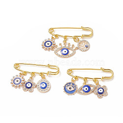 3Pcs 3 Style Iron Evil Eye Safety Pin Brooches, Rack Plating Alloy Enamel Flower & Tree & Sun Charms Lapel Pin for Women, Golden, 35~40mm, Pin: 1.5mm, 1Pc/style(JEWB-BR00085)