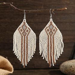 Bohemian Style Tassel Dangle Earrings, with Geometric Glass Beads Handmade Jewelry, White, 103x40mm(NS4860)