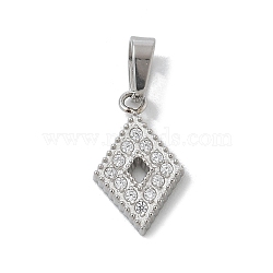 Ion Plating(IP) 304 Stainless Steel Micro Pave Cubic Zirconia Pendants, Polishing Charms, Rhombus, 13x8x1.8mm, Hole: 4mm(STAS-Z107-06P-07)