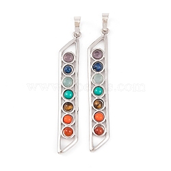 Chakra Natural Tiger Eye & Natural Lapis Lazuli & Natural Carnelian & Synthetic Turquoise & Glass Big Pendants, Rack Plating Alloy Rectangle Charms, Long-Lasting Plated, Lead Free & Cadmium Free, Platinum, 62.5x10x4mm, Hole: 7x5mm(G-NH0025-03P)