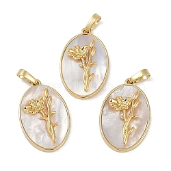 Rack Plating Brass Pave Shell Oval Pendants, Birth Flower Charms, Real 18K Gold Plated, Long-Lasting Plated, Lead Free & Cadmium Free, Seashell Color, 25.5x16x4.5~5.5mm, Hole: 5.5x3mm(KK-U032-92G-07)