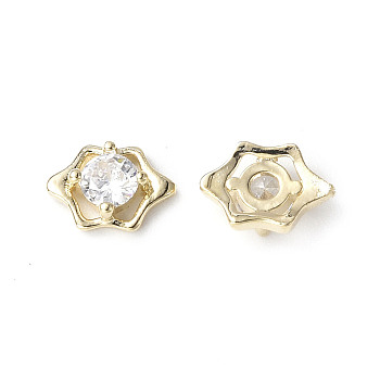 Brass Micro Pave Clear Cubic Zirconia Cabochons, Flower, Real 18K Gold Plated, 9x6.5x3mm
