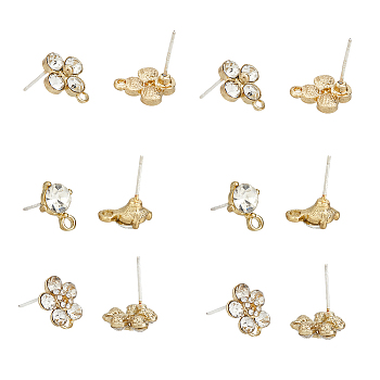 24Pcs 3 Style Alloy Stud Earring Findings, with Crystal Rhinestones and Horizontal Loops, Flat Round & Flower, Golden, 11.5~13x8.5~11mm, Hole: 1.4~1.8mm, Pin: 0.7mm, 8Pcs/style