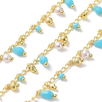 Handmade Brass Curb Chains, with Glass Charms, Real 18K Gold Plated, Soldered, with Spool, Cyan, 3mm
