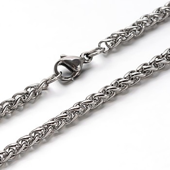 304 Stainless Steel Wheat Chain Necklaces, with Lobster Clasps, Stainless Steel Color, 23.7 inch(60.2cm), 1x3x5mm