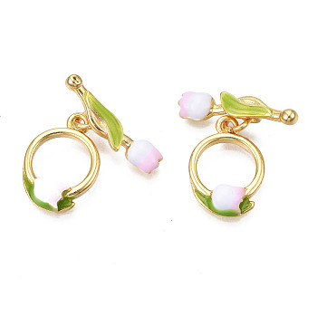 Brass Enamel Toggle Clasps, with Jump Rings, Real 18K Gold Plated, Nickel Free, Flower, Pearl Pink, 24.5mm, Flower: 20x5x2mm, hole: 1.8mm, Ring: 17.5x12x3.5mm, hole: 1.8mm