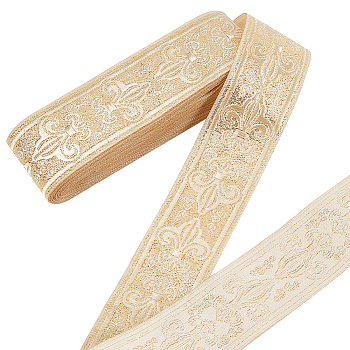 7M Ethnic Style Polyester Ribbon, Jacquard Fleur De Lis Ribbon, Clothing Accessories, Flat, Pale Goldenrod, 1-1/4~1-3/8 inch(33~34mm), about 7.66 Yards(7m)/Roll