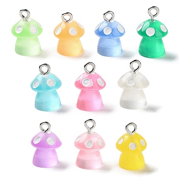 Luminous Resin Cartoon Mushroom Charms with Platinum Tone Iron Loops, Glow in the Dark, Mixed Color, 10.5~11x15mm, Hole: 1.75mm