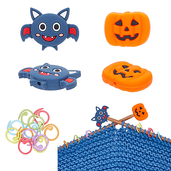 BENECREAT 12Pcs 6 Colors Baking Painted Zinc Alloy Knitting Stitch Marker Rings, Crochet Clips, with 4Pcs 2 Style Halloween Theme Bat & Pumpkin Jack-O'-Lantern Shape Silicone Beads, Mixed Color, 1.45~2.5x1.45~3.45x0.1~0.8cm