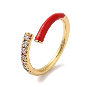 Rack Plating Brass Cubic Zirconia Open Cuff Rings for Women, with Enamel, Cadmium Free & Lead Free, Red, Inner Diameter: 17mm