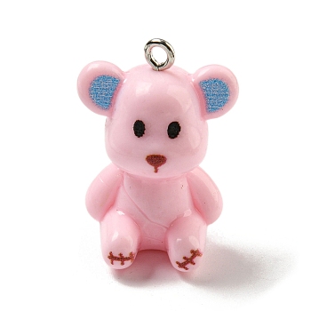 10Pcs Opaque Resin Pendants, Bear Charms with Platinum Plated Iron Loops, Pink, 27.5x19x16.5mm, Hole: 2mm