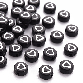 Opaque Black Acrylic Beads, Flat Round with White Heart, 7.5x4mm, Hole: 1.5mm, about 3600pcs/500g