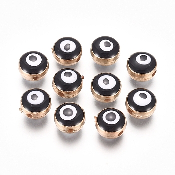 Acrylic Enamel Beads, Flat Round with Evil Eye, Golden, Black, 7.5x5.5mm, Hole: 1.5mm