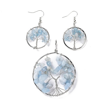 Brass Jewelry Sets, Big Pendants and Dangle Earrings, with Natural Aquamarine, Platinum, Ring with Tree of Life, 63~67x49~51x1.5~10mm, Hole: 4x5mm, 50~55x28~30x1.5~8mm, Pin: 0.8mm