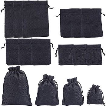 16Pcs 4 Styles Polyester Imitation Burlap Packing Pouches Drawstring Bags, for Christmas, Wedding Party and DIY Craft Packing, Black, 9~18x7~13cm, 4pcs/style