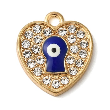 Alloy Enamel Rhinestone Glass Pendants, Golden, Evil Eye, Heart, 16.5x15x2.5mm, Hole: 2mm