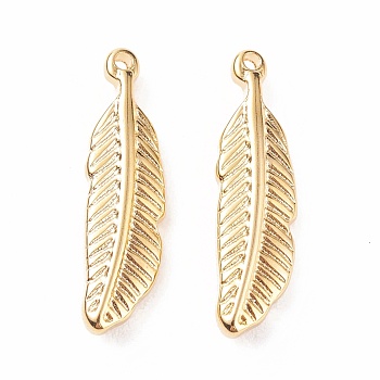 304 Stainless Steel Pendants, Feather, Golden, 20x5.5x3mm, Hole: 1mm