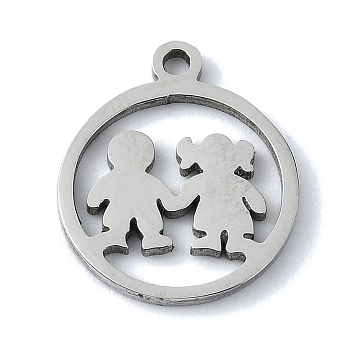304 Stainless Steel Charms, Laser Cut, Flat Round with Couple Charms, Stainless Steel Color, 14x11.5x1mm, Hole: 1.2mm