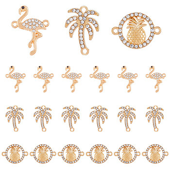 60Pcs 3 Styles Summer Theme Alloy Crystal Rhinestone Connector Charms, Coconut Tree & Flamingo & Ring with Pineapple, Mxied Shapes, Golden, 17~26.5x16~23x2~3mm, Hole: 1.6~1.8mm, 20pcs/style