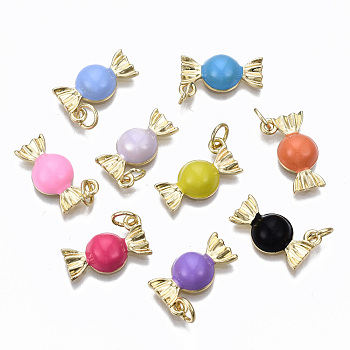 Brass Enamel Charms, with Jump Rings, Cadmium Free & Nickel Free & Lead Free, Real 16K Gold Plated, Candy Shape, Mixed Color, 9.5x16x4mm, Jump Ring: 4.8x0.6mm, 3.6mm inner diameter