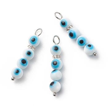 Handmade Evil Eye Lampwork  Pendants, with 304 Stainless Steel Ball Head Pins and Brass Rhinestone Spacer Beads, Round, White, 31.5x6mm, Hole: 3.5mm